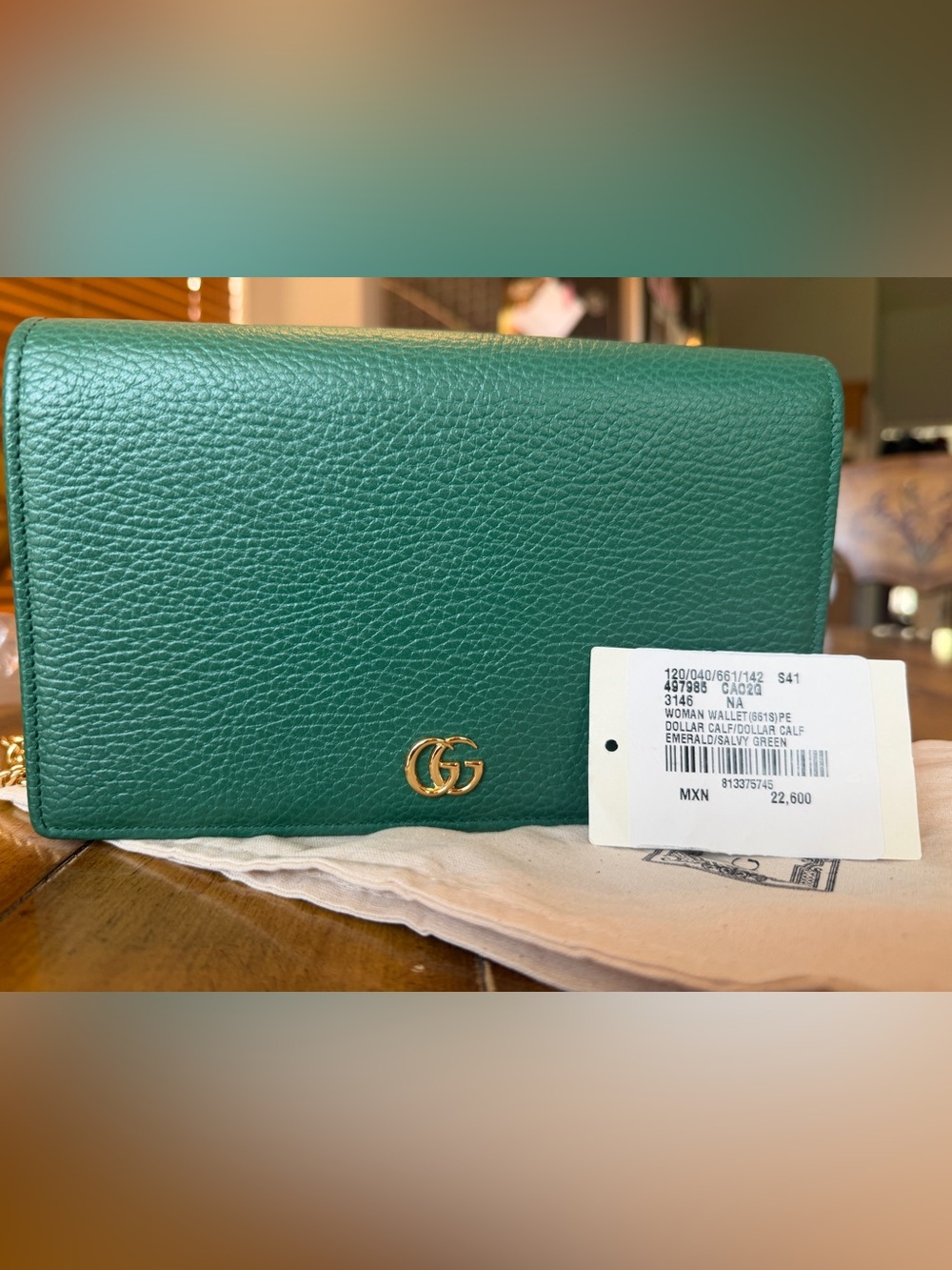 Gucci Dollar Calfskin Mini GG Marmont Chain Wallet Emerald Green Salvy Green